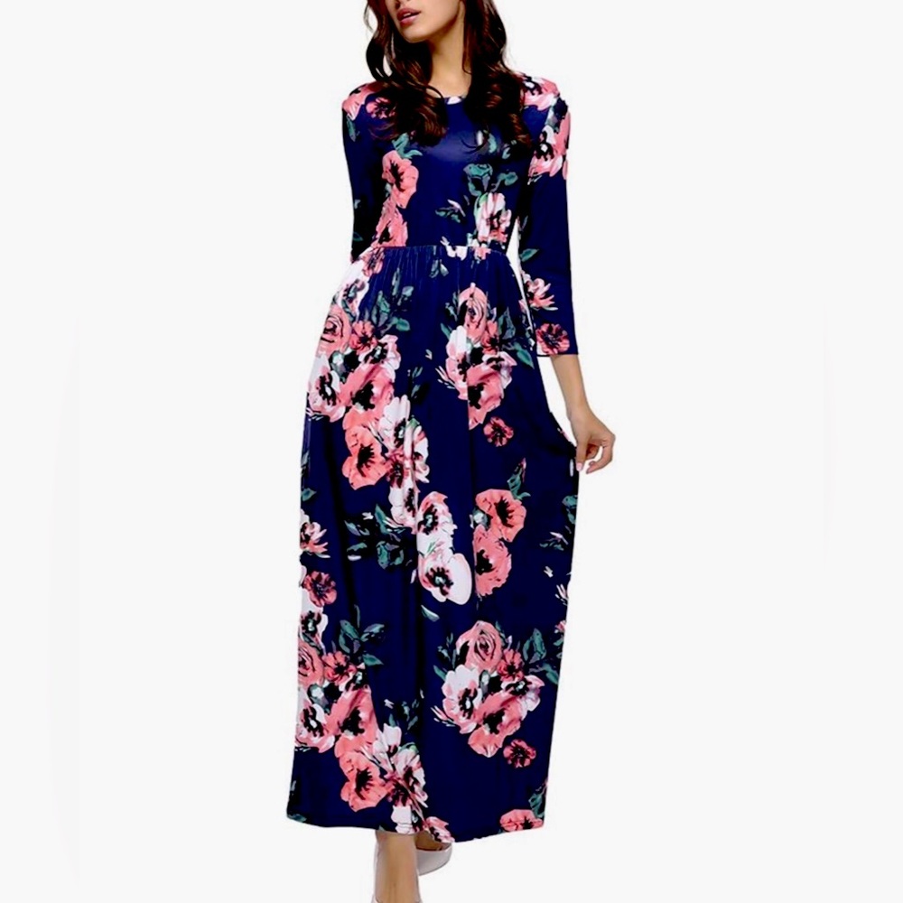 Floral Long Blue Sleeve Dress with pockets!